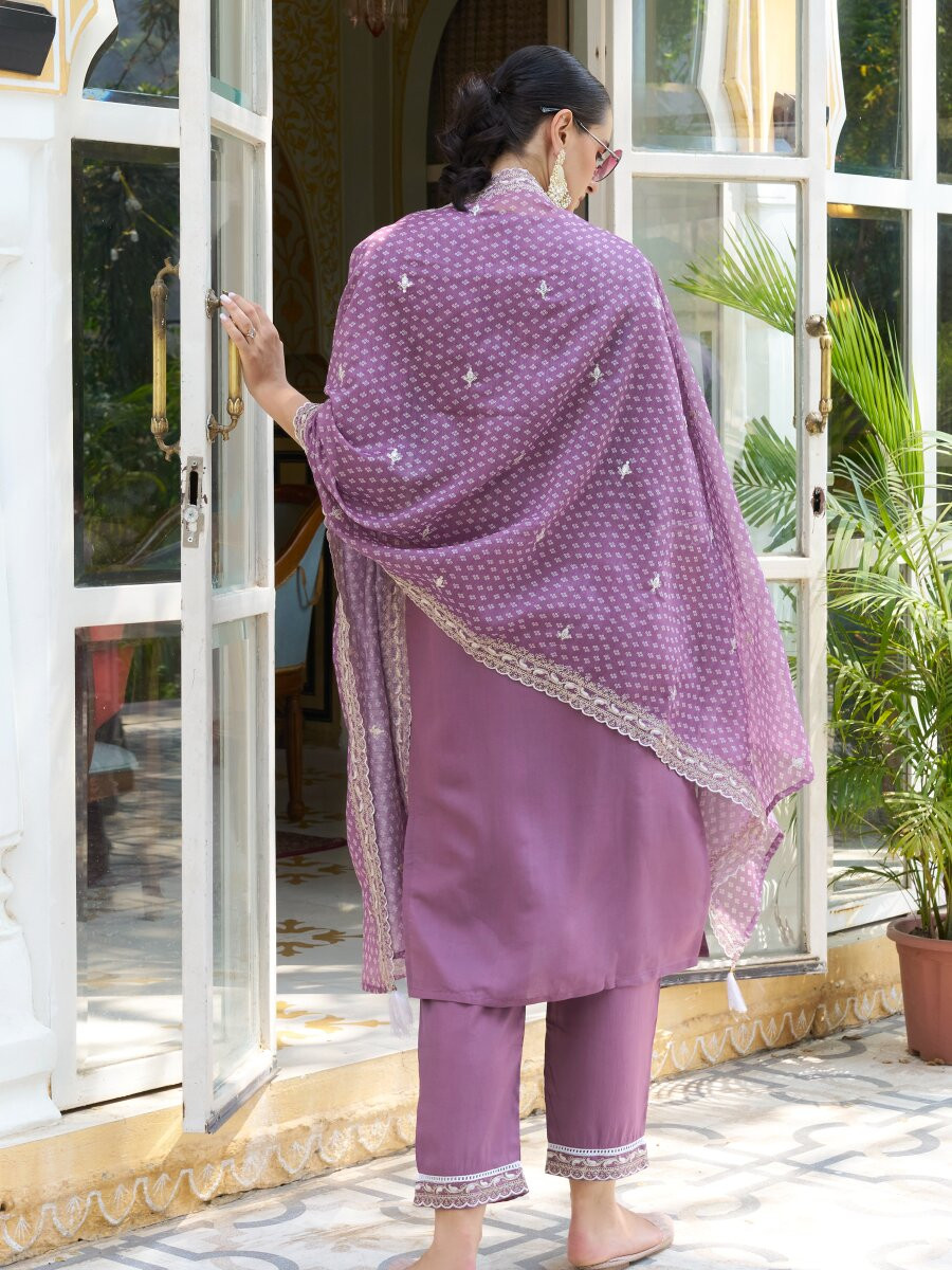 Purple Silk Blend Embroidery Sequins Wedding Party Festival Casual Ready Pant Salwar Kameez