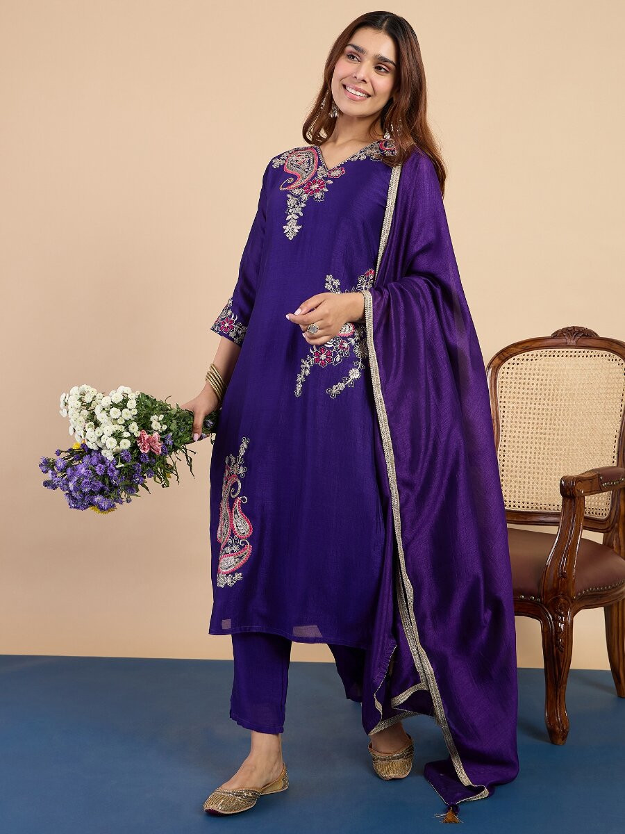 Purple Silk Blend Embroidery Wedding Party Festival Casual Pant Salwar Kameez