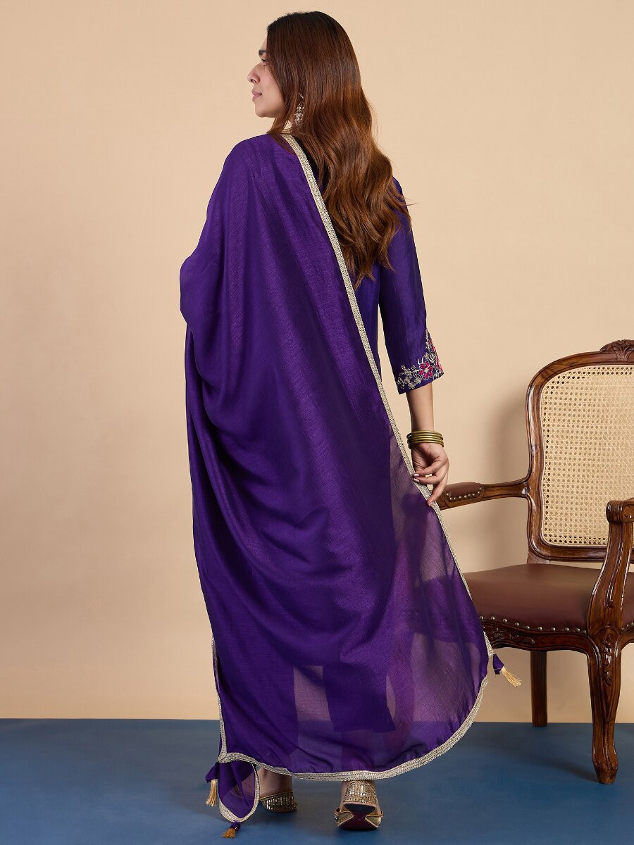Purple Silk Blend Embroidery Wedding Party Festival Casual Pant Salwar Kameez