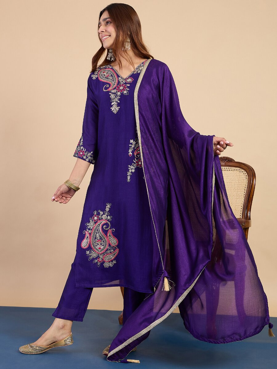 Purple Silk Blend Embroidery Wedding Party Festival Casual Pant Salwar Kameez