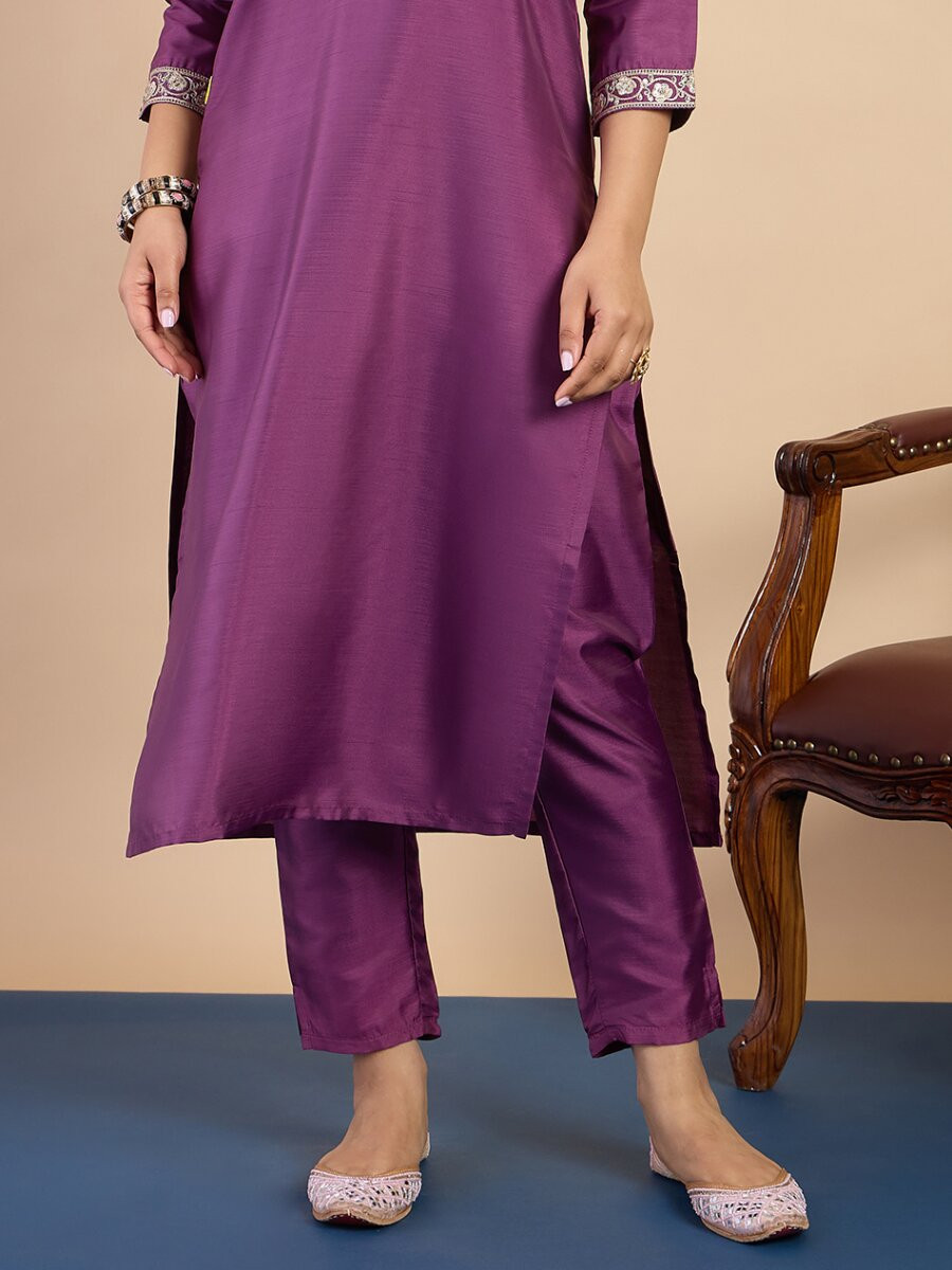 Purple Silk Blend Embroidery Wedding Party Festival Casual Pant Salwar Kameez