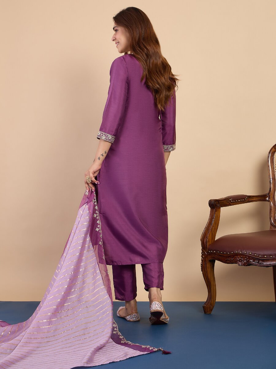 Purple Silk Blend Embroidery Wedding Party Festival Casual Pant Salwar Kameez