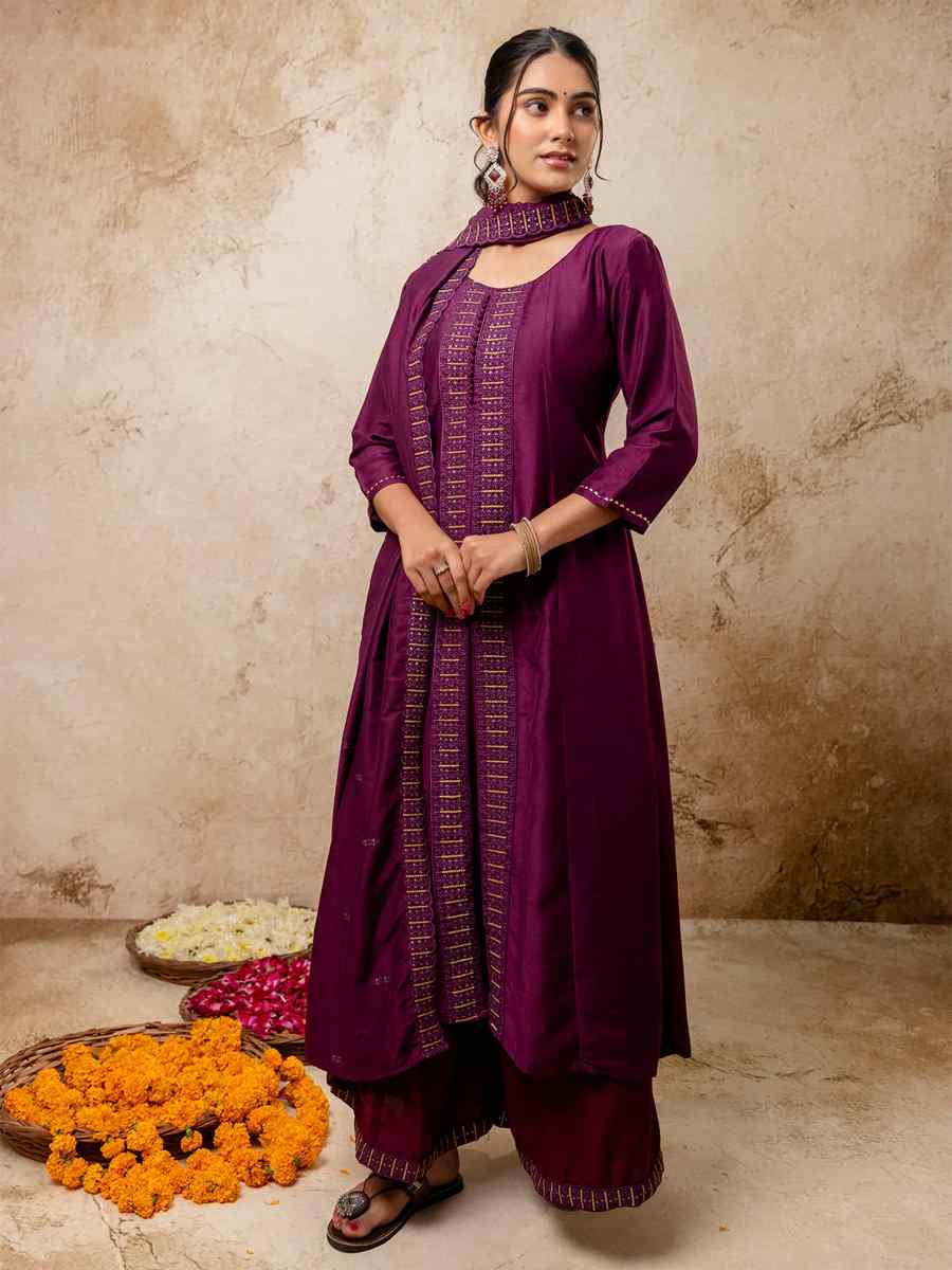 Purple Silk BlendEmbroidered Casual Festival Ready Palazzo Pant Salwar Kameez