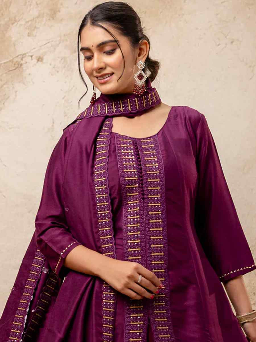 Purple Silk BlendEmbroidered Casual Festival Ready Palazzo Pant Salwar Kameez