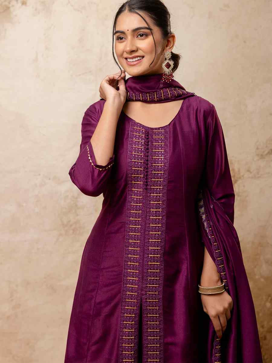 Purple Silk BlendEmbroidered Casual Festival Ready Palazzo Pant Salwar Kameez