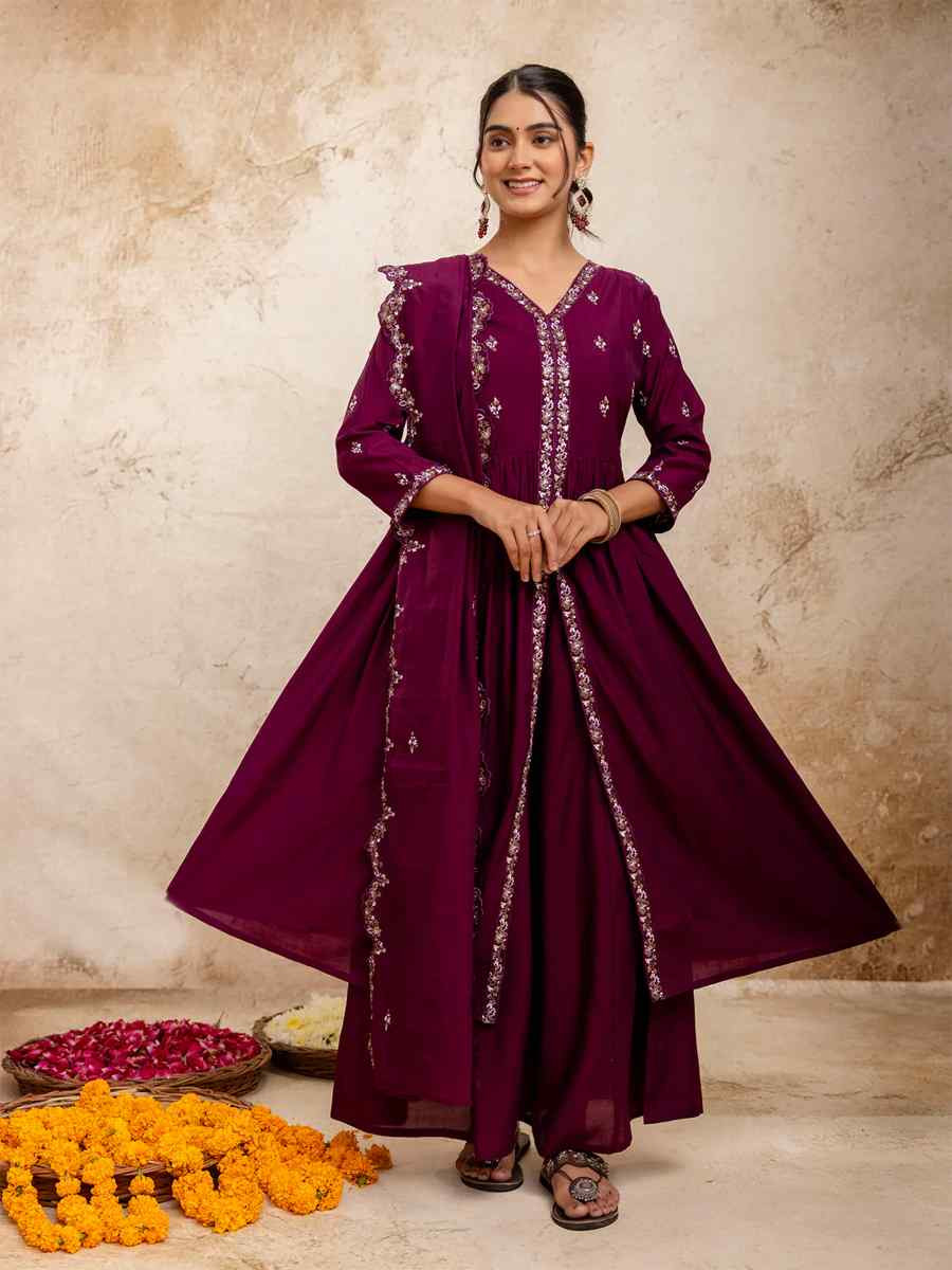 Purple Silk BlendEmbroidered Casual Festival Ready Palazzo Pant Salwar Kameez
