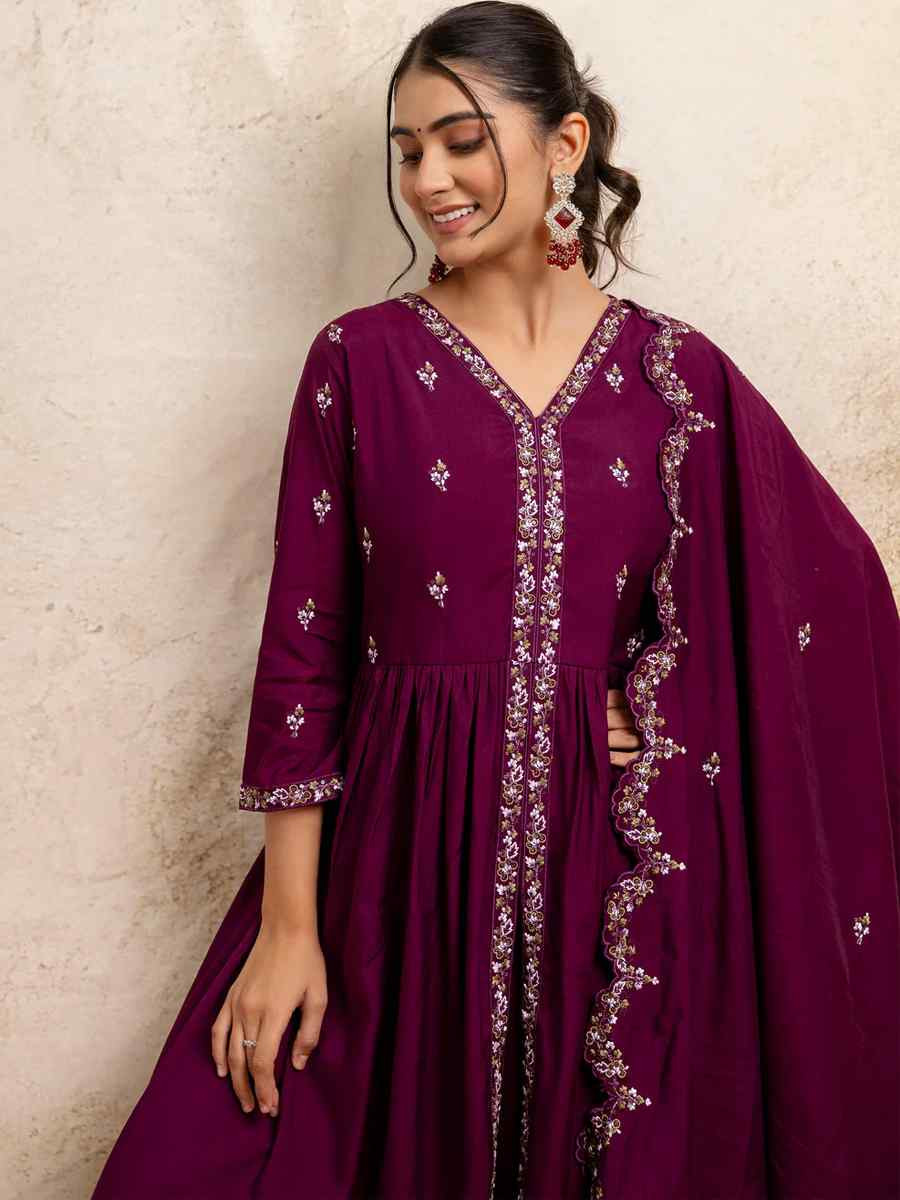 Purple Silk Blend Embroidered Casual Festival Ready Palazzo Pant Salwar Kameez