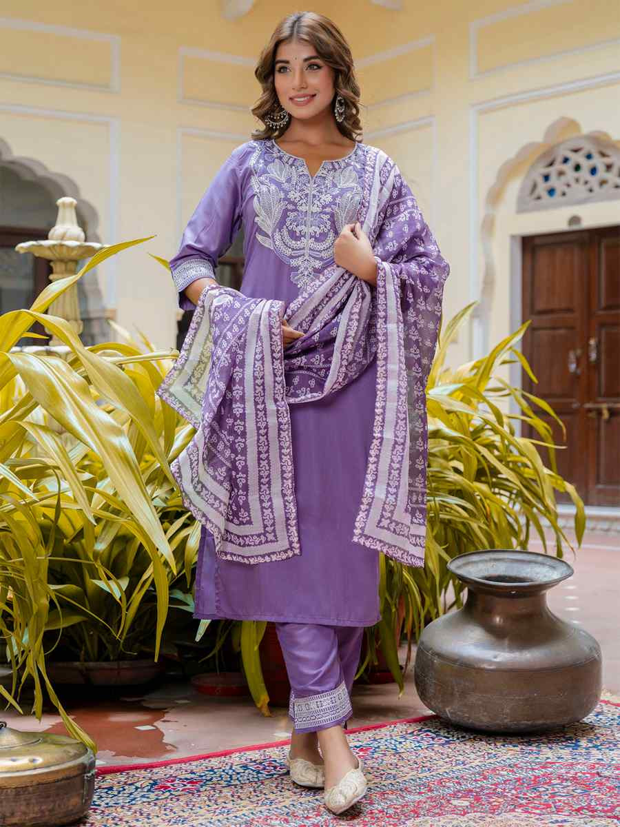 Purple Silk BlendEmbroidered Festival Casual Ready Pant Salwar Kameez