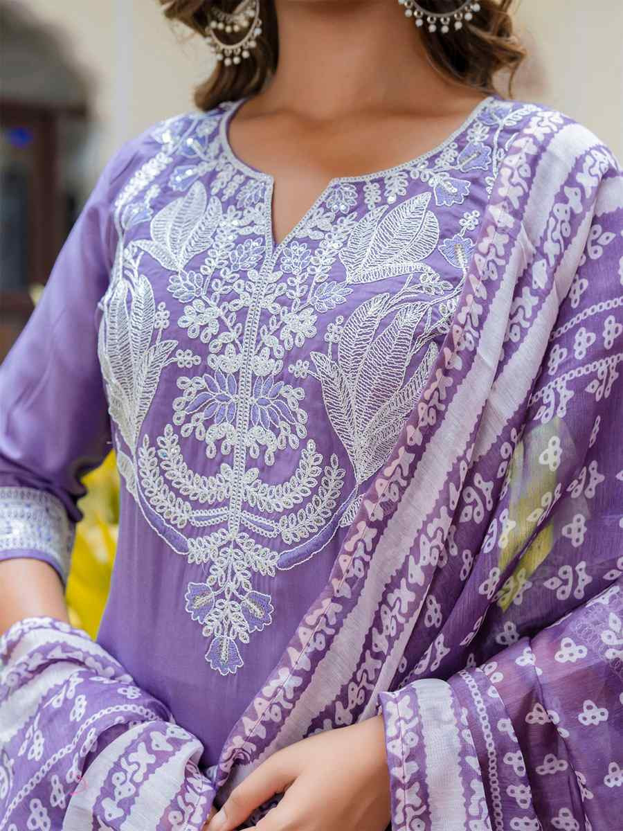 Purple Silk BlendEmbroidered Festival Casual Ready Pant Salwar Kameez