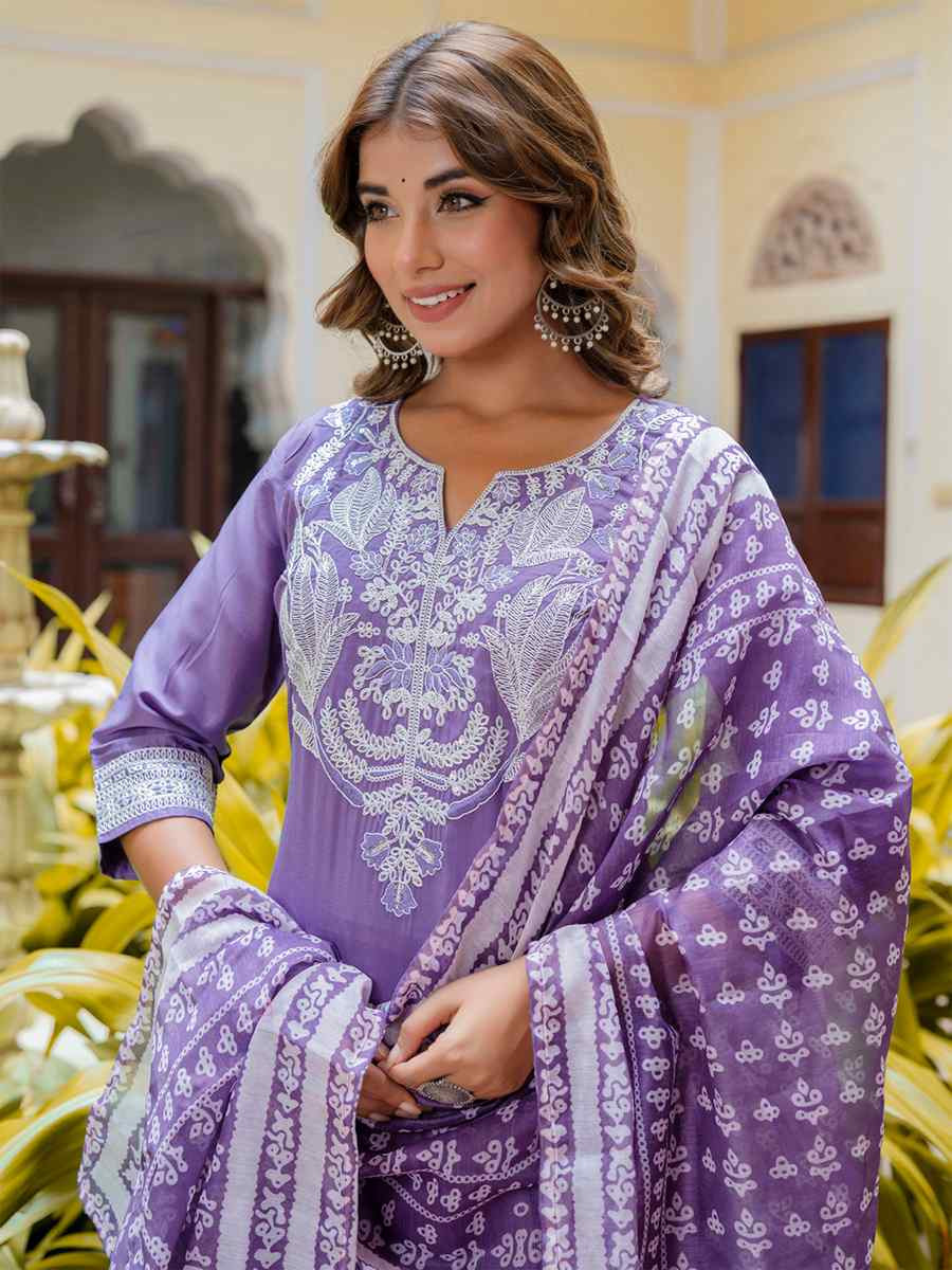 Purple Silk Blend�Embroidered Festival Casual Ready Pant Salwar Kameez