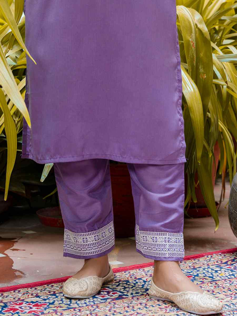 Purple Silk BlendEmbroidered Festival Casual Ready Pant Salwar Kameez