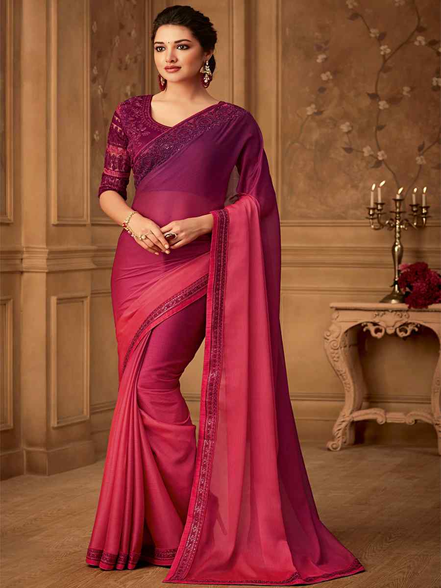 Purple Silk Chiffon Embroidered Party Festival Classic Style Saree