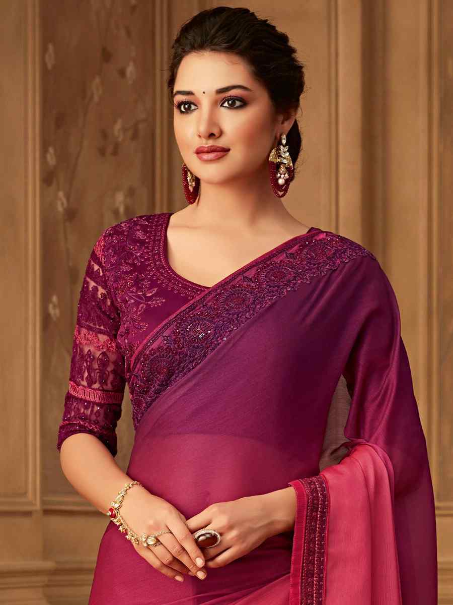 Purple Silk Chiffon Embroidered Party Festival Classic Style Saree