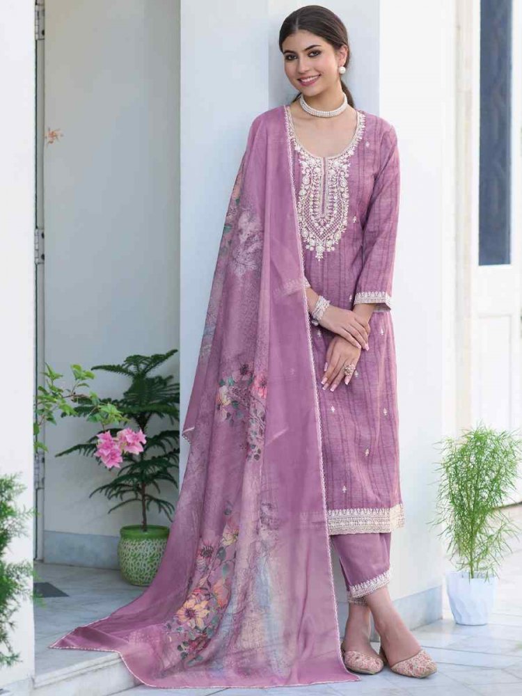 Purple Silk Cotton Embroiderd Festival Casual Ready Pant Salwar Kameez