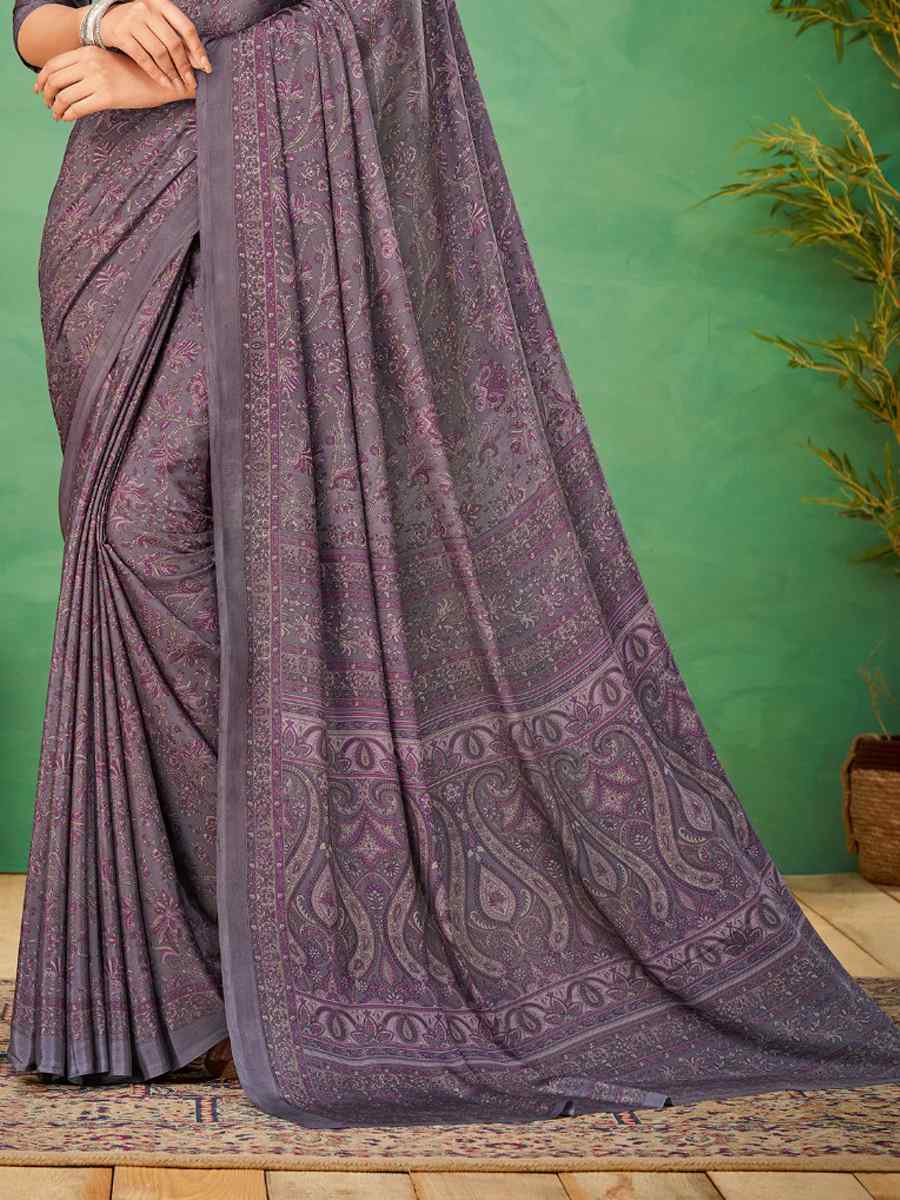 Purple Silk Crepe Printed Casual Festival Contemporary Saree