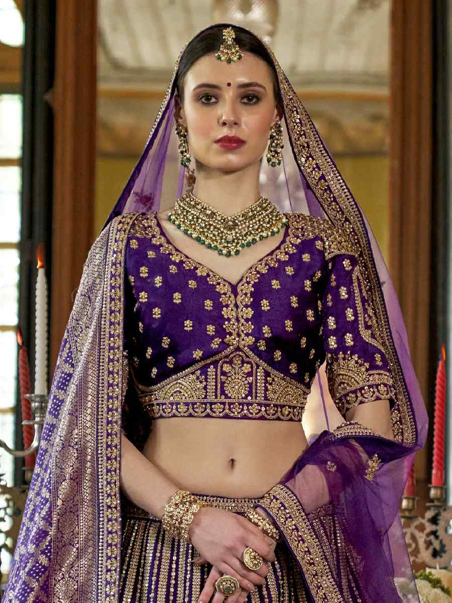 Purple Silk Embroidered Bridal Wedding Reception Festival Heavy Border Lehenga Choli