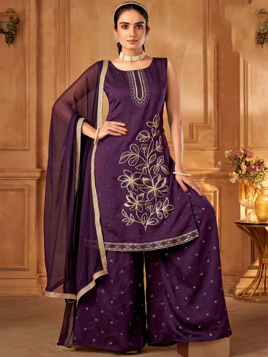 Purple Silk Embroidered Festival Casual Ready Palazzo Pant Salwar Kameez