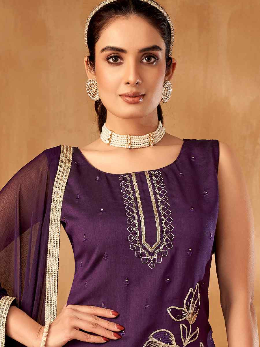 Purple Silk Embroidered Festival Casual Ready Palazzo Pant Salwar Kameez