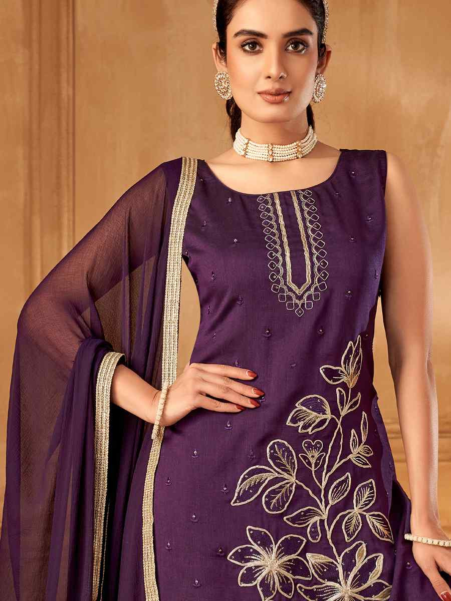 Purple Silk Embroidered Festival Casual Ready Palazzo Pant Salwar Kameez
