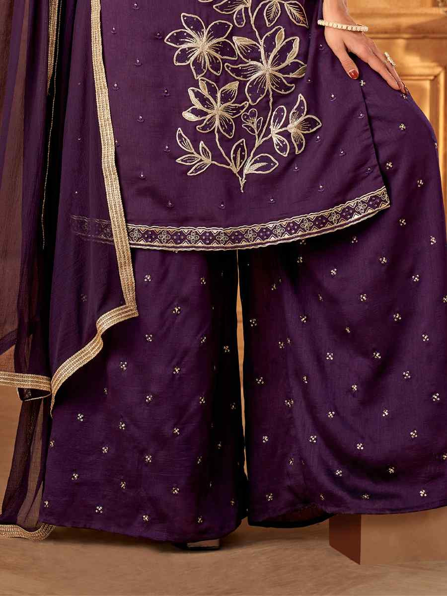 Purple Silk Embroidered Festival Casual Ready Palazzo Pant Salwar Kameez