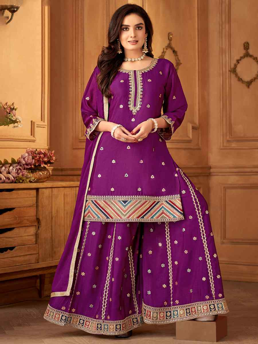 Purple Silk Embroidered Festival Casual Ready Palazzo Pant Salwar Kameez
