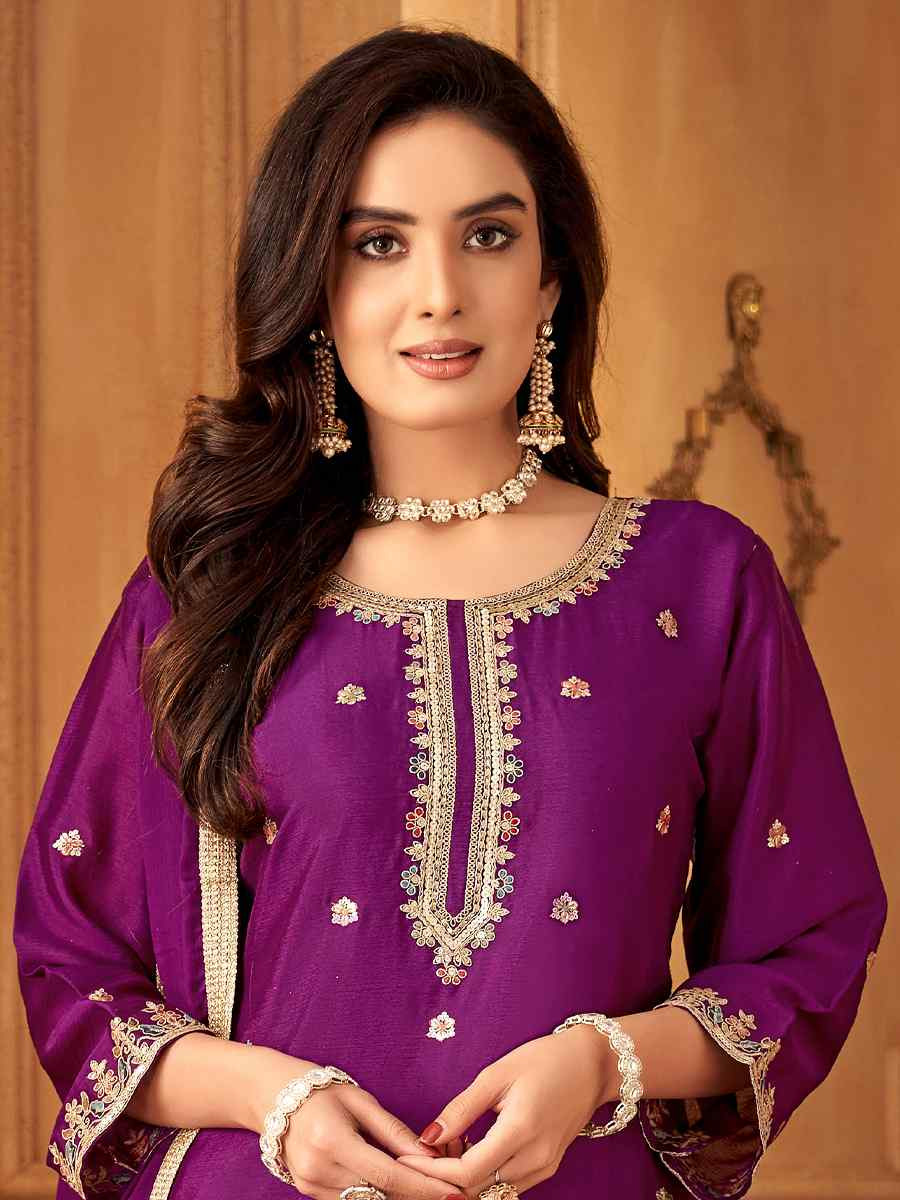 Purple Silk Embroidered Festival Casual Ready Palazzo Pant Salwar Kameez