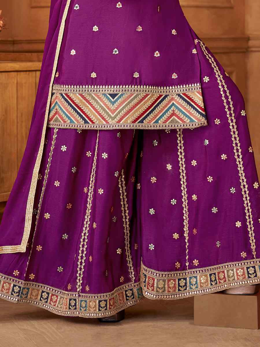 Purple Silk Embroidered Festival Casual Ready Palazzo Pant Salwar Kameez