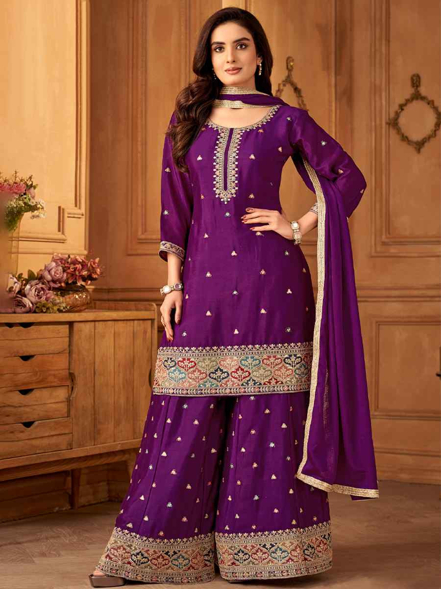 Purple Silk Embroidered Festival Casual Ready Palazzo Pant Salwar Kameez