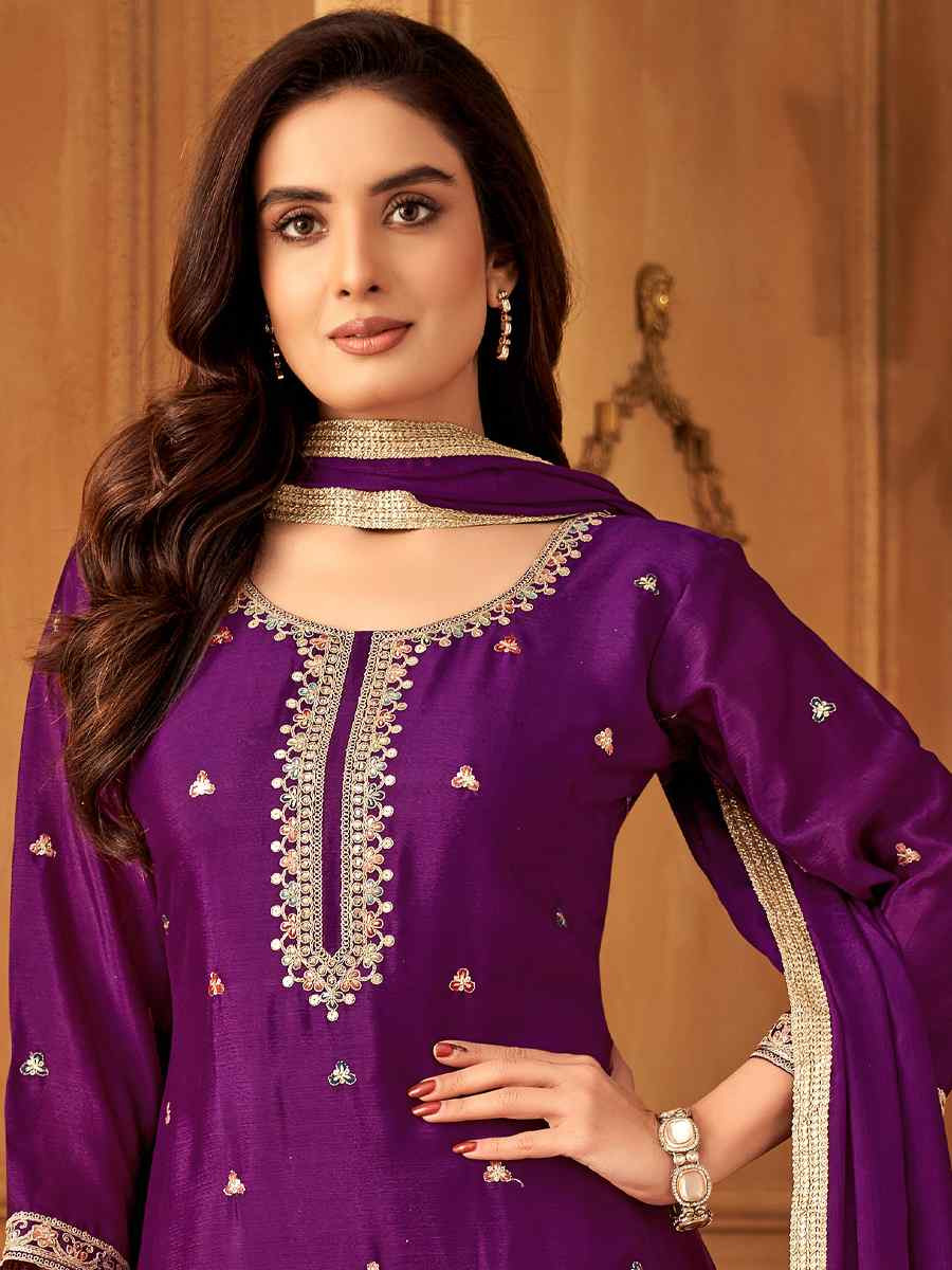 Purple Silk Embroidered Festival Casual Ready Palazzo Pant Salwar Kameez