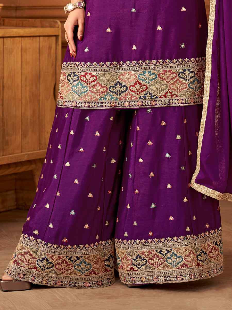 Purple Silk Embroidered Festival Casual Ready Palazzo Pant Salwar Kameez
