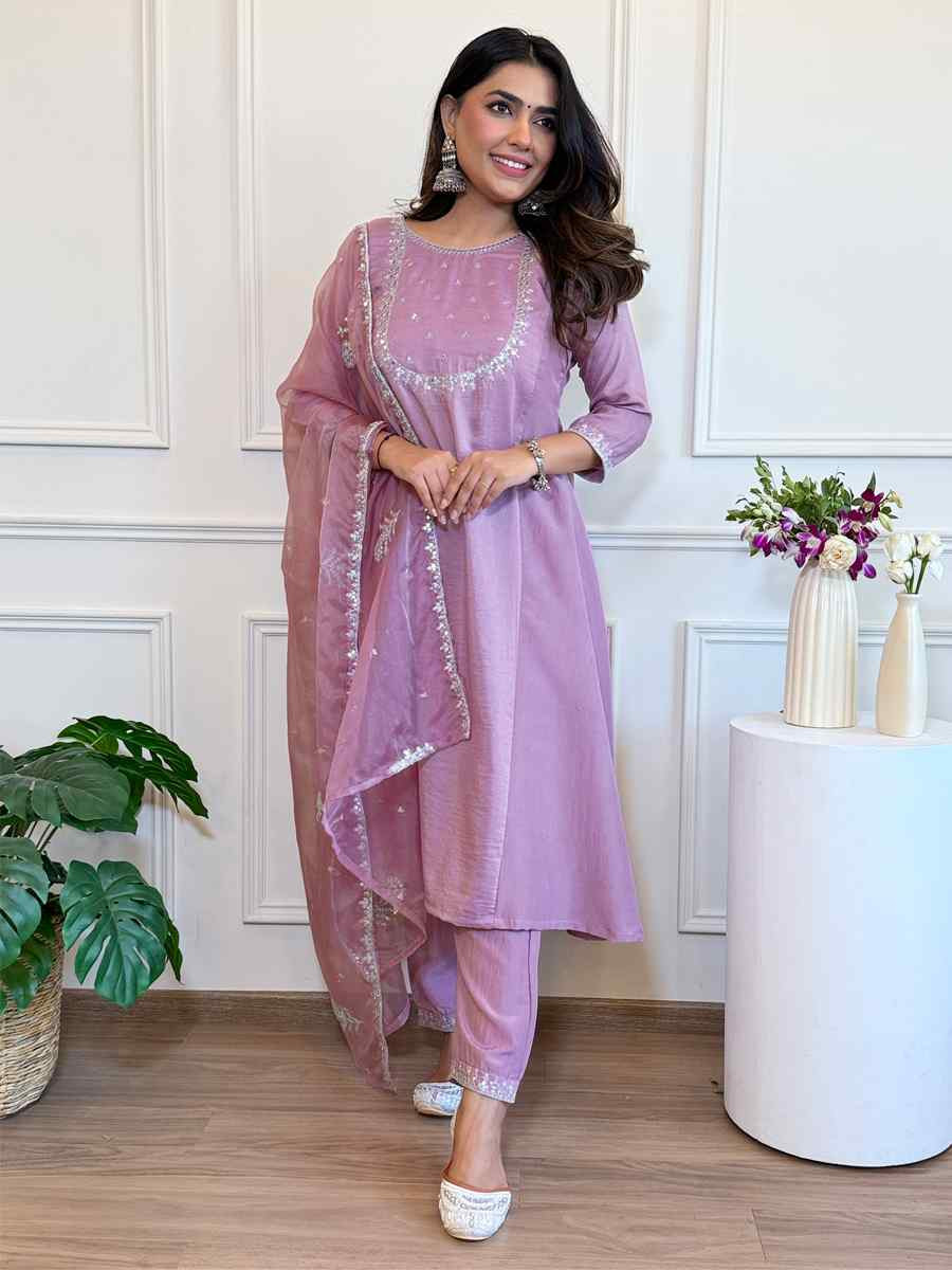 Purple Silk Embroidered Festival Casual Ready Pant Salwar Kameez