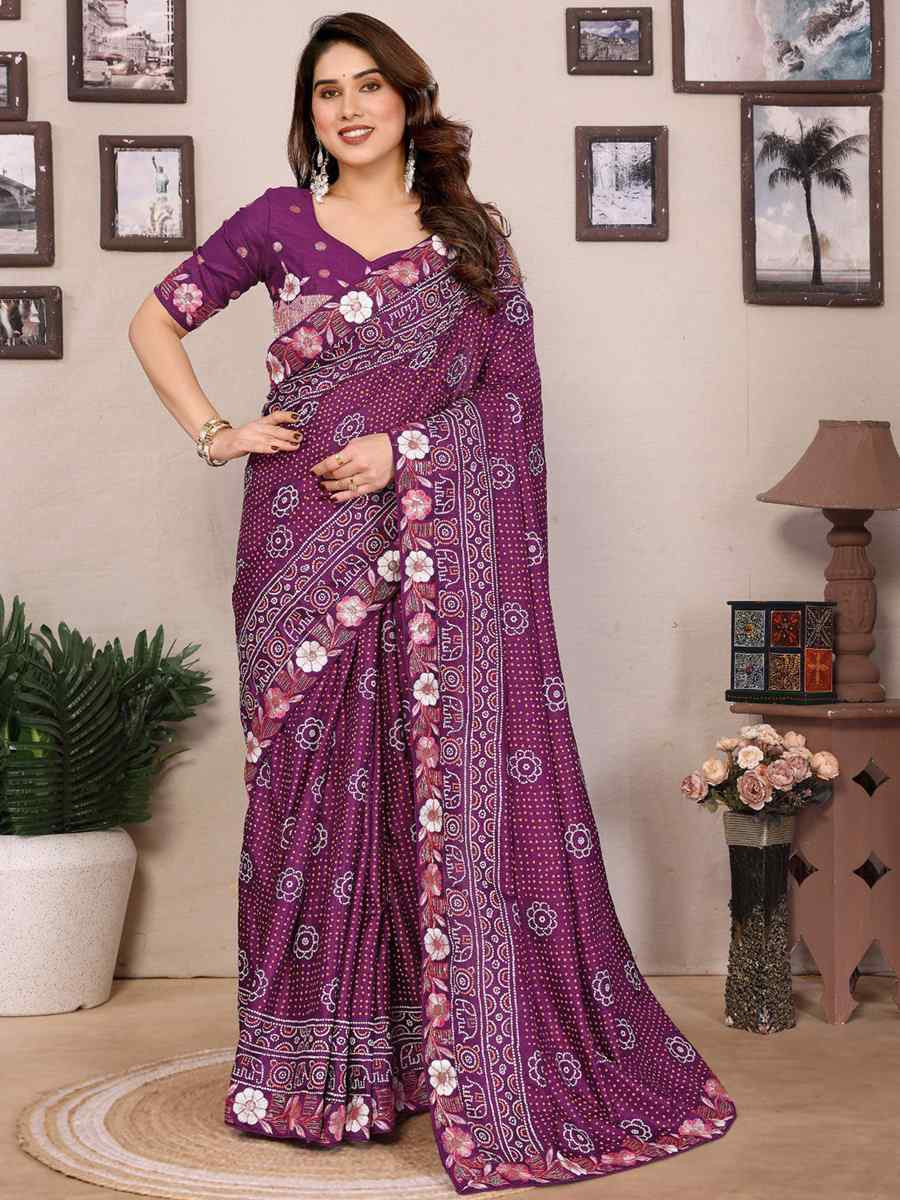 Purple Silk Embroidered Festival Wedding Fancy Heavy Border Saree