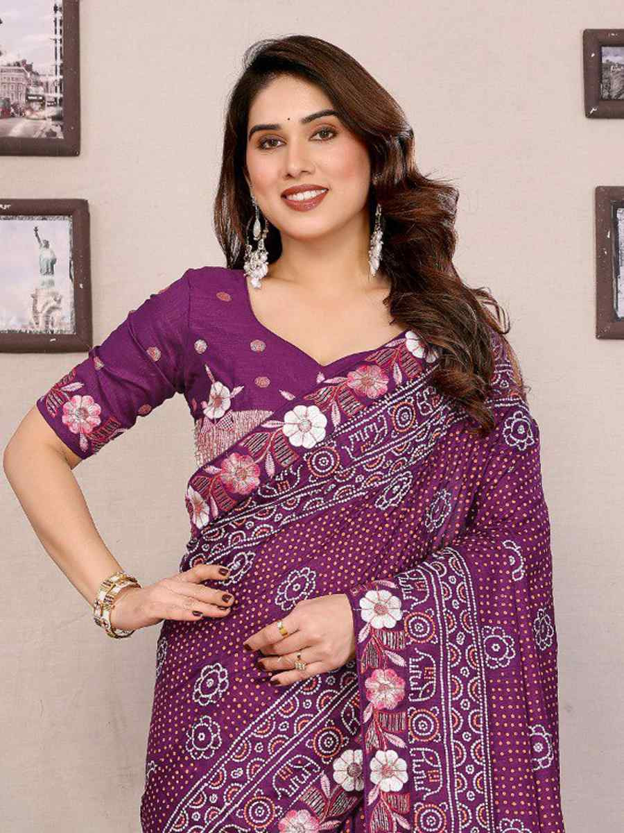 Purple Silk Embroidered Festival Wedding Fancy Heavy Border Saree
