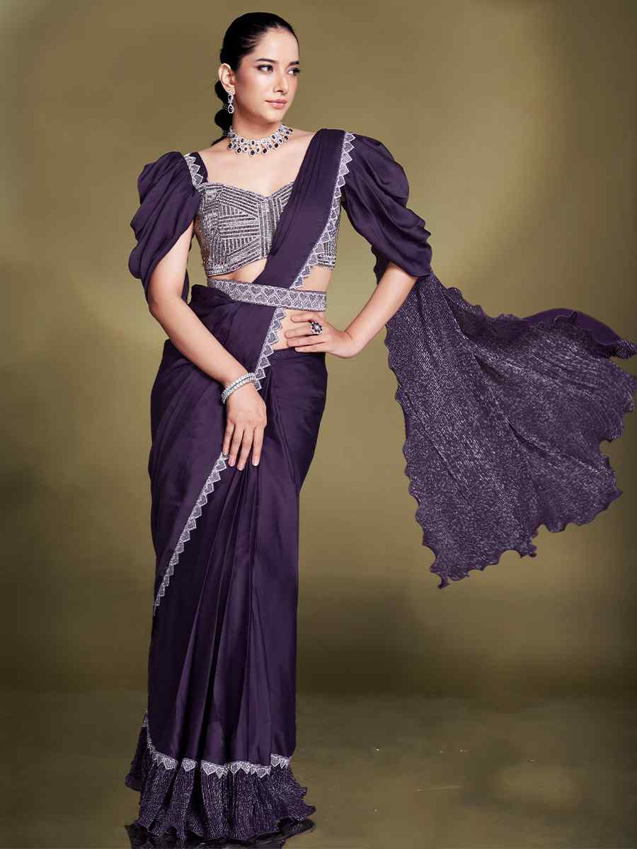Purple Silk Embroidered Festival Wedding Fancy Heavy Border Saree