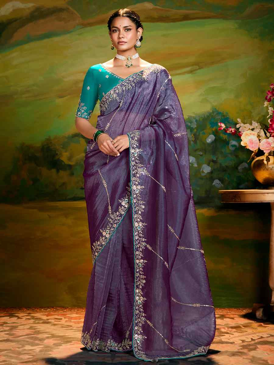 Purple Silk Embroidered Festival Wedding Fancy Heavy Border Saree