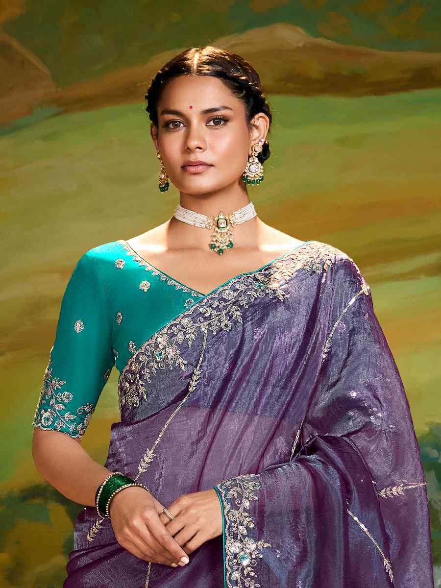 Purple Silk Embroidered Festival Wedding Fancy Heavy Border Saree