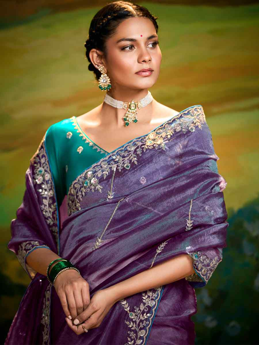 Purple Silk Embroidered Festival Wedding Fancy Heavy Border Saree
