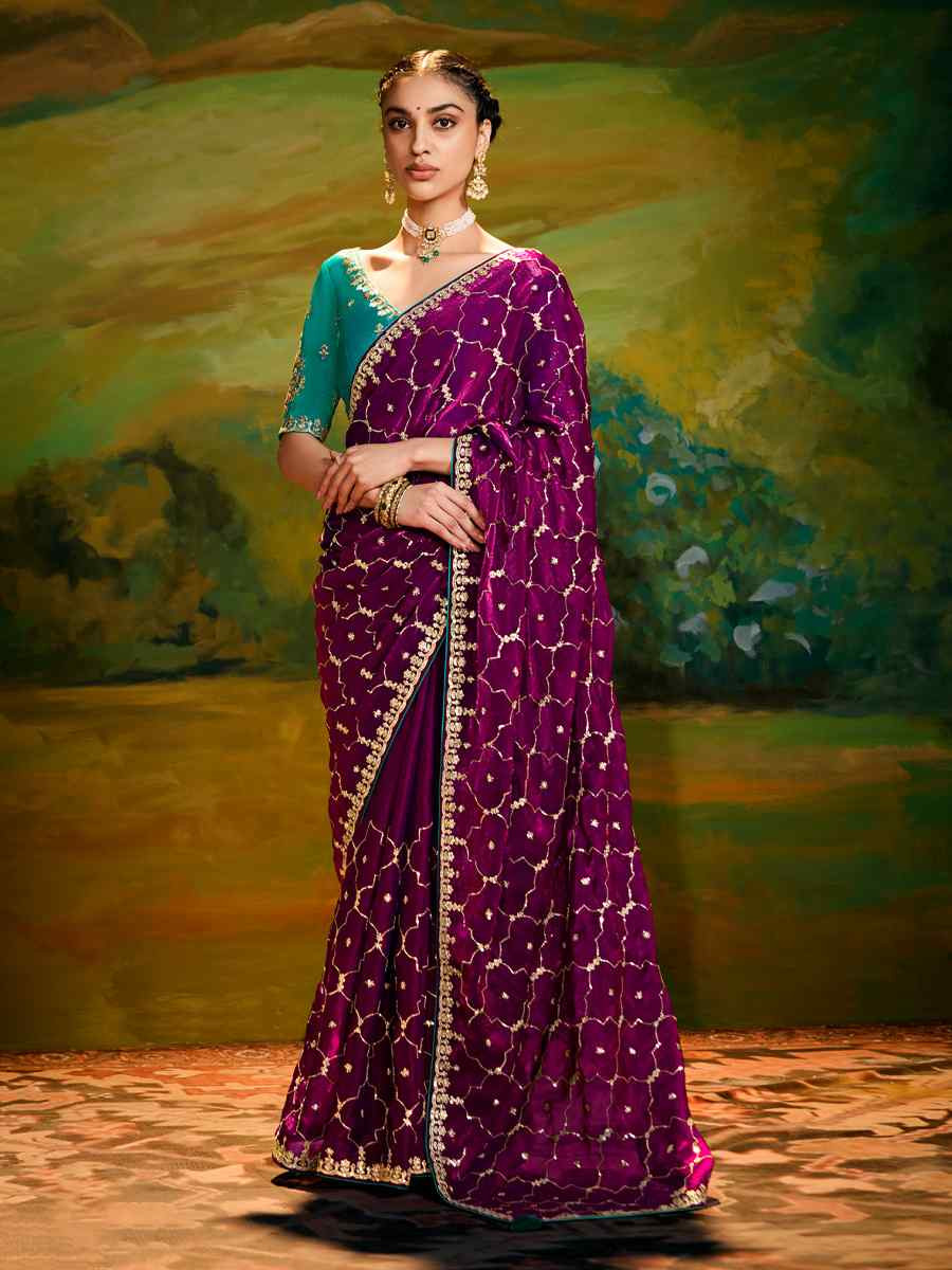 Purple Silk Embroidered Festival Wedding Fancy Heavy Border Saree