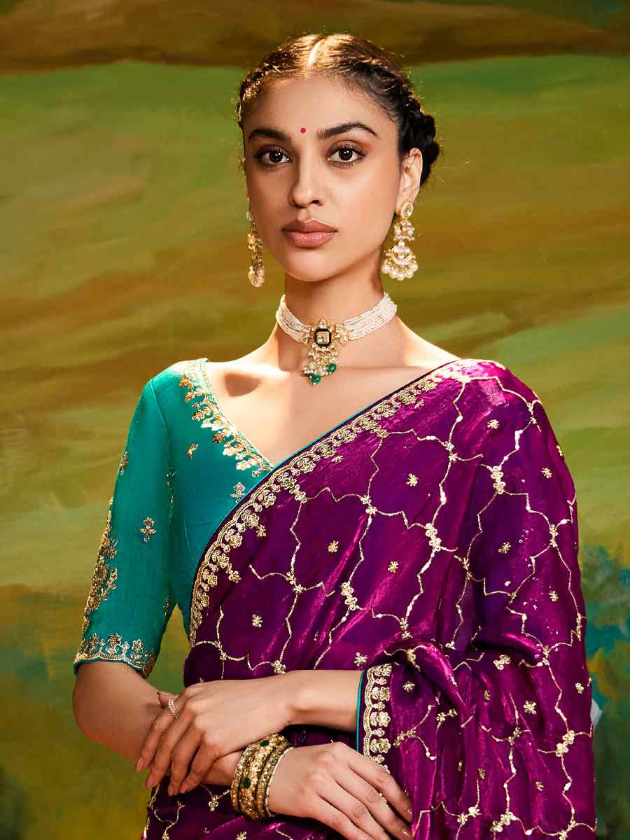 Purple Silk Embroidered Festival Wedding Fancy Heavy Border Saree
