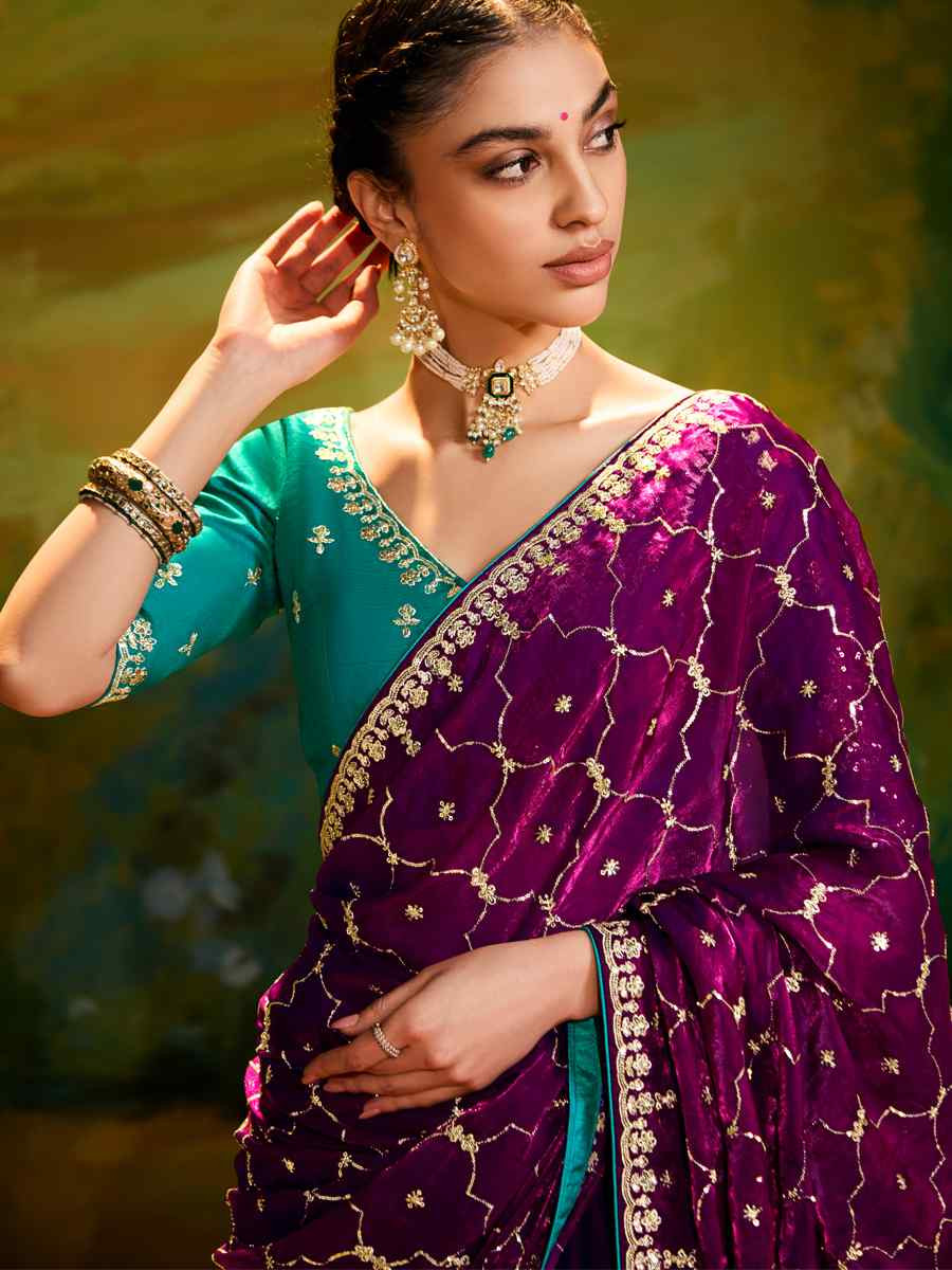 Purple Silk Embroidered Festival Wedding Fancy Heavy Border Saree