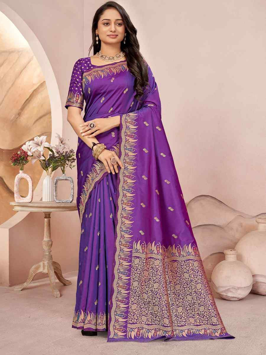 Purple Silk Embroidered Festival Wedding Fancy Heavy Border Saree