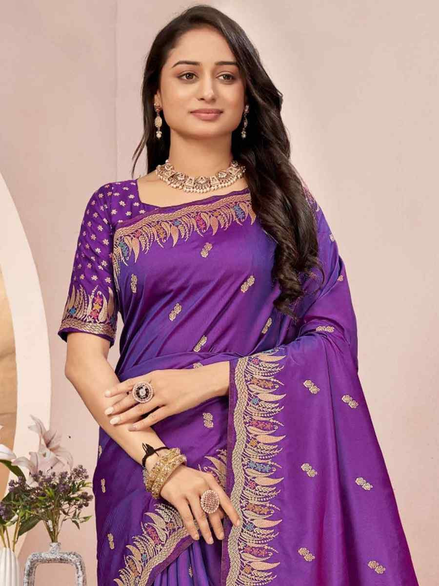 Purple Silk Embroidered Festival Wedding Fancy Heavy Border Saree