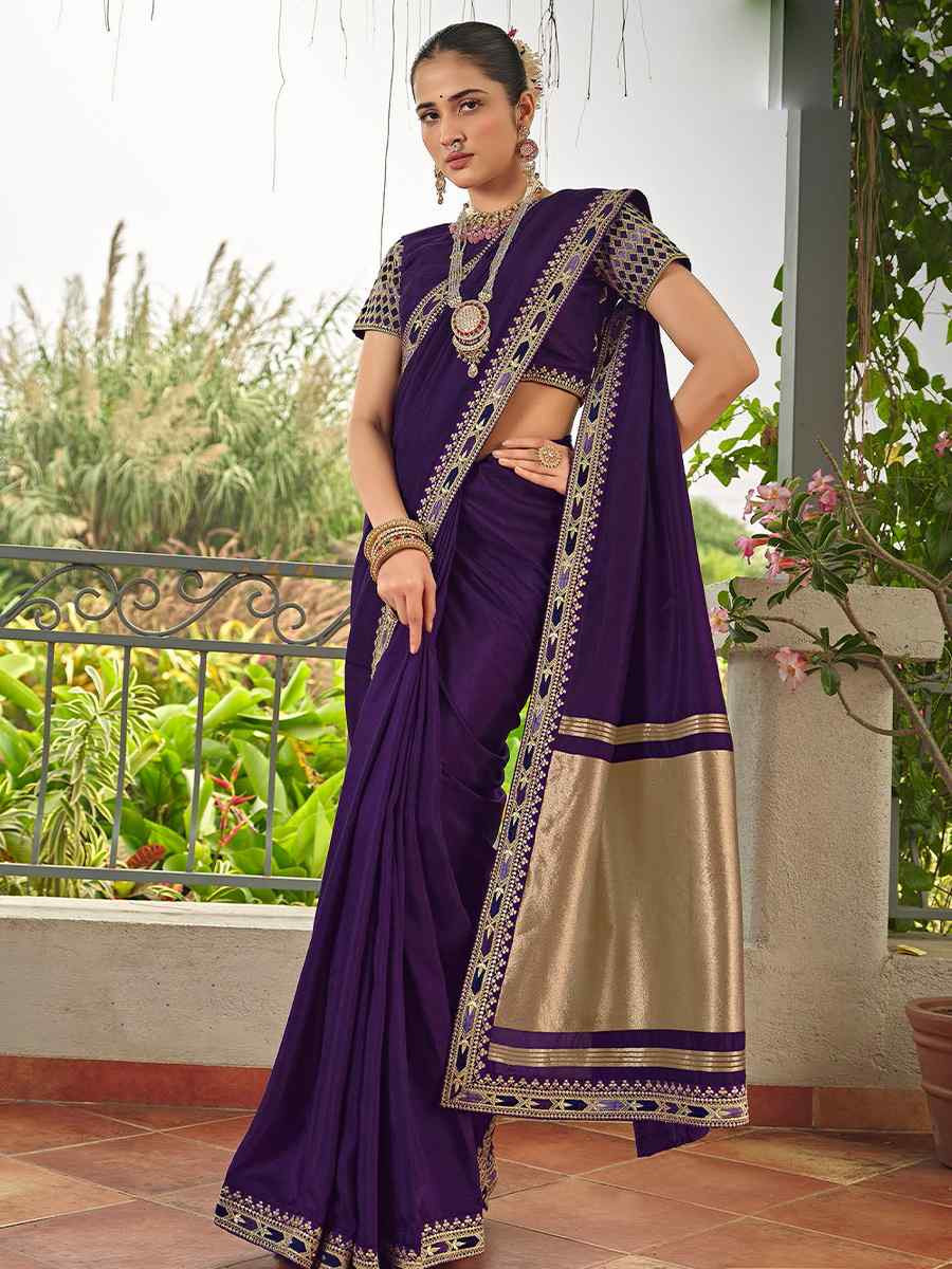 Purple Silk Embroidered Festival Wedding Fancy Heavy Border Saree