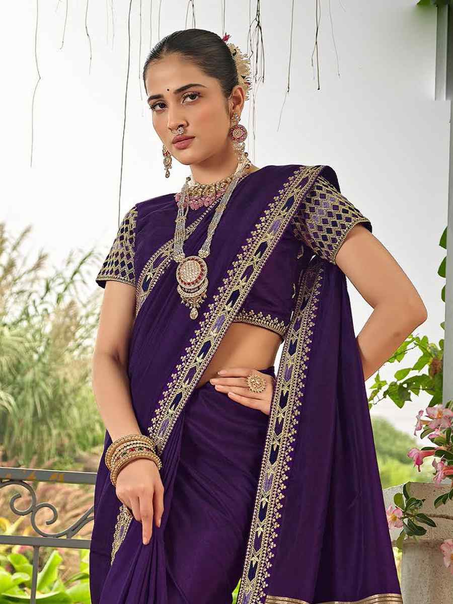 Purple Silk Embroidered Festival Wedding Fancy Heavy Border Saree