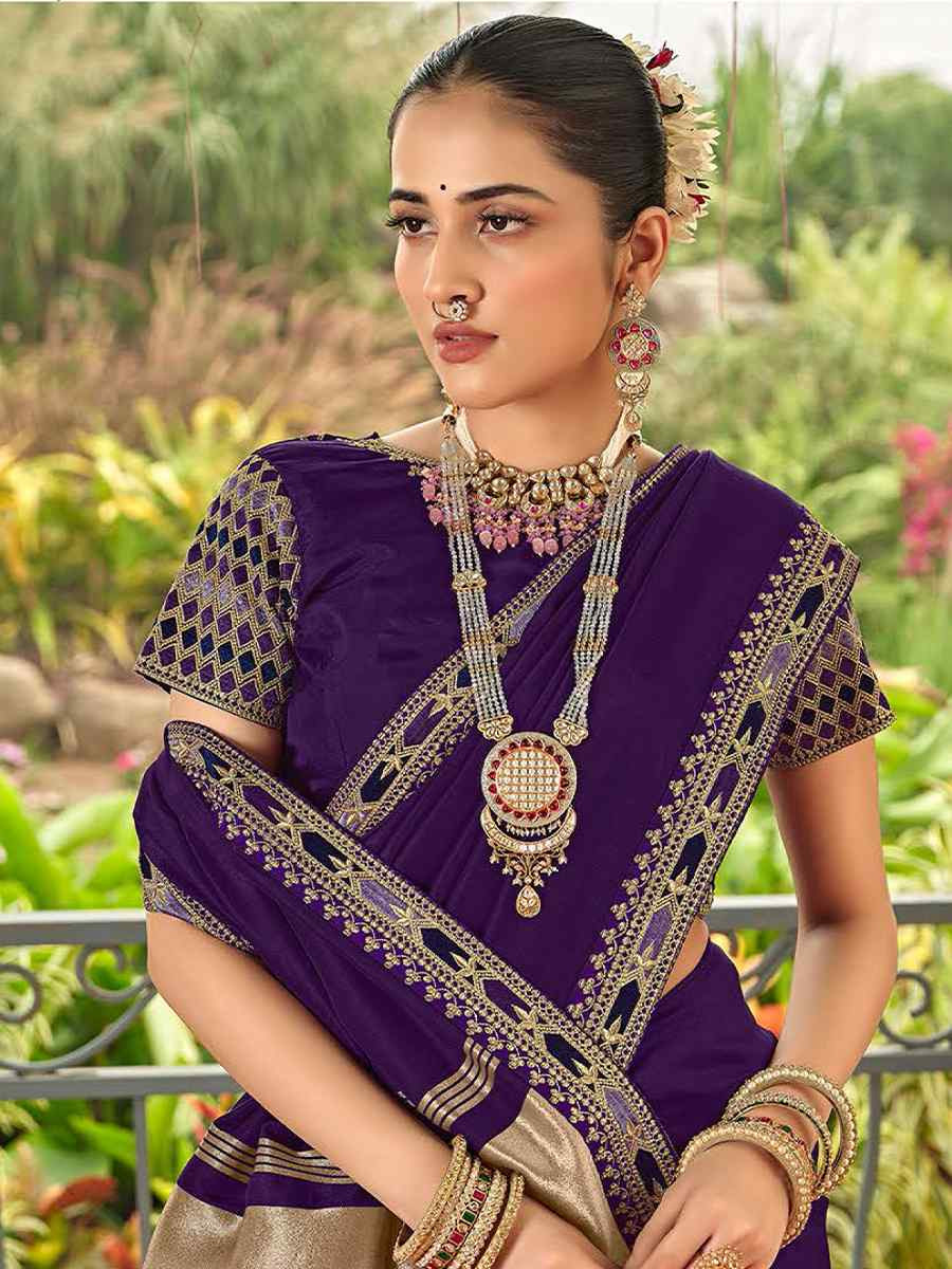 Purple Silk Embroidered Festival Wedding Fancy Heavy Border Saree