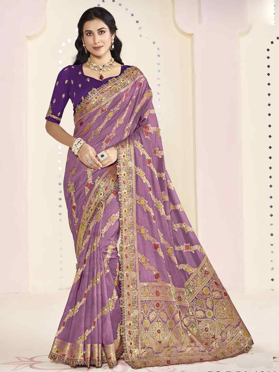 Purple Silk Embroidered Festival Wedding Fancy Heavy Border Saree