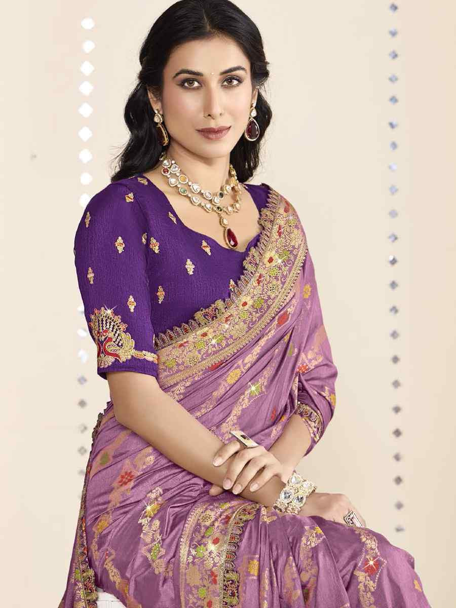 Purple Silk Embroidered Festival Wedding Fancy Heavy Border Saree