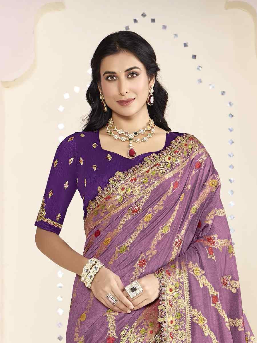 Purple Silk Embroidered Festival Wedding Fancy Heavy Border Saree