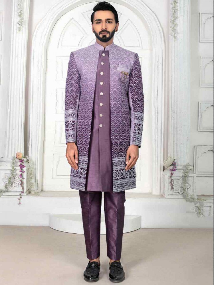 Purple Silk Embroidered Wedding Groom Sherwani