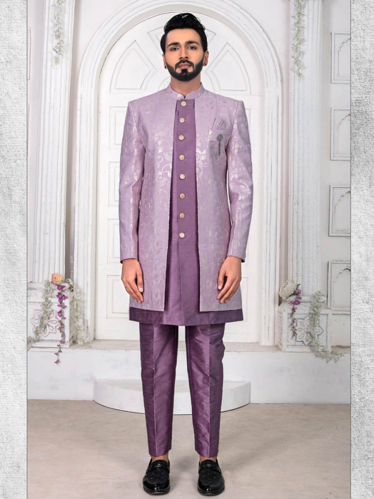 Purple Silk Embroidered Wedding Groom Sherwani